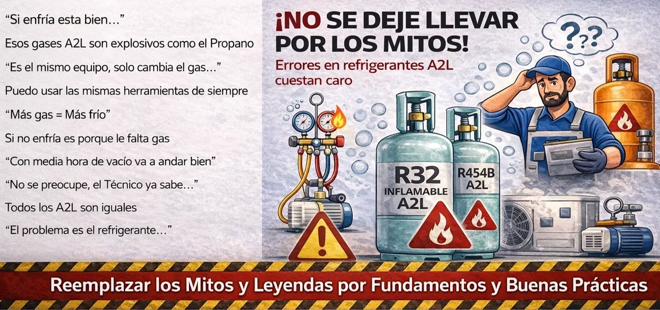 Technician with refrigerant tanks and warning signs.