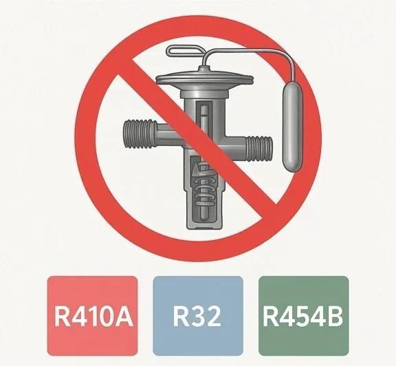 No expansion valve for R410A, R32, R454B.