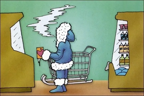 Person in parka shopping in grocery store.