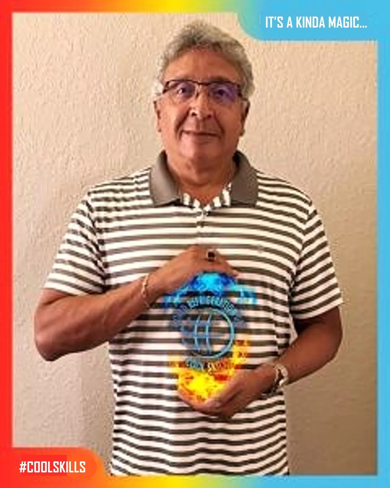 Man holding colorful award, wearing striped shirt.