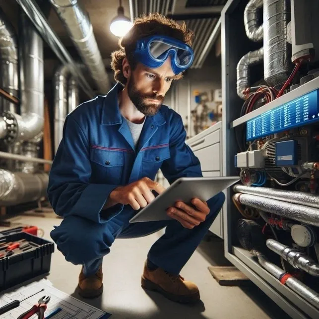 Technician using tablet in industrial setting.
