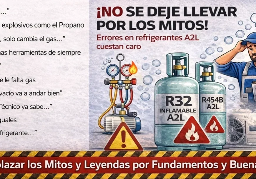 Technician with refrigerant tanks and warning signs.