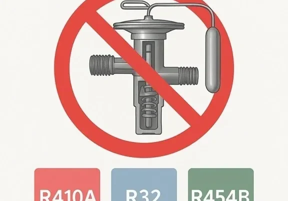 No expansion valve for R410A, R32, R454B.