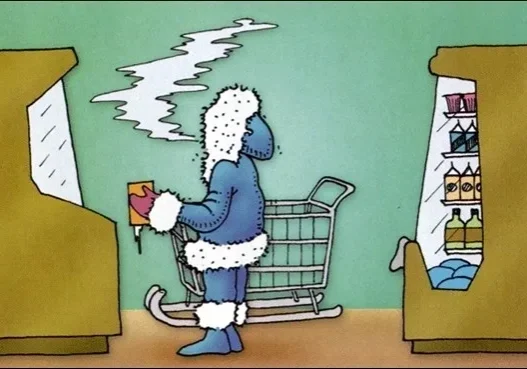 Person in parka shopping in grocery store.