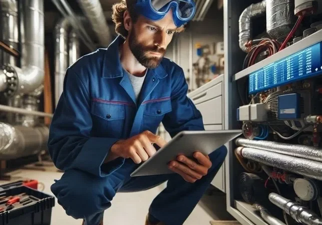 Technician using tablet in industrial setting.